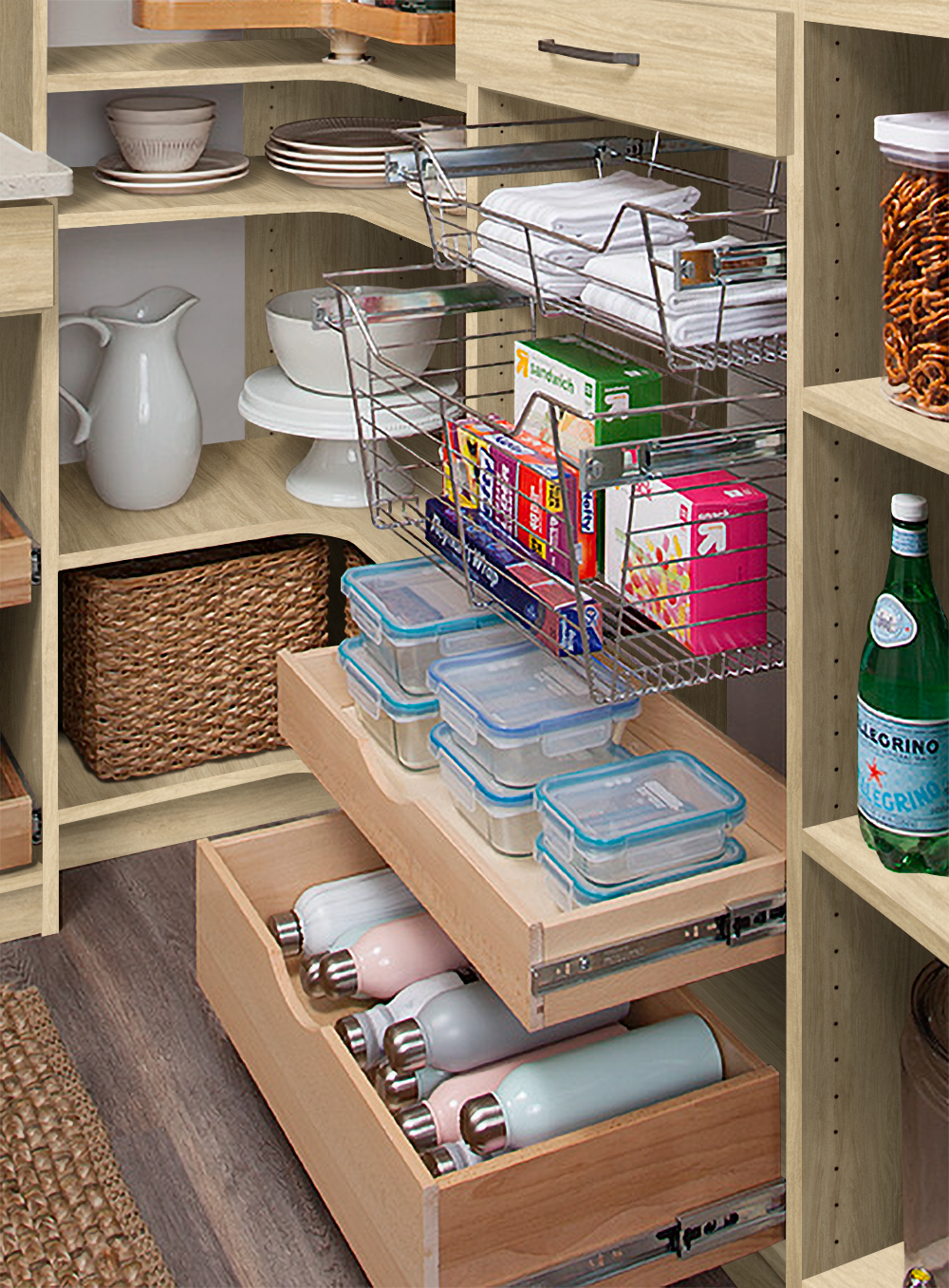 Pull out drawers and baskets in a custom pantry from Inspired Closets