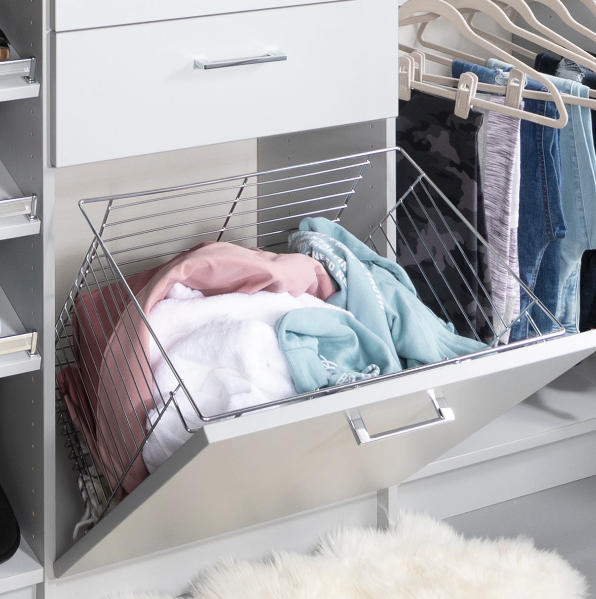 Custom grey closet for teen girls with pull out hamper from Inspired Closets