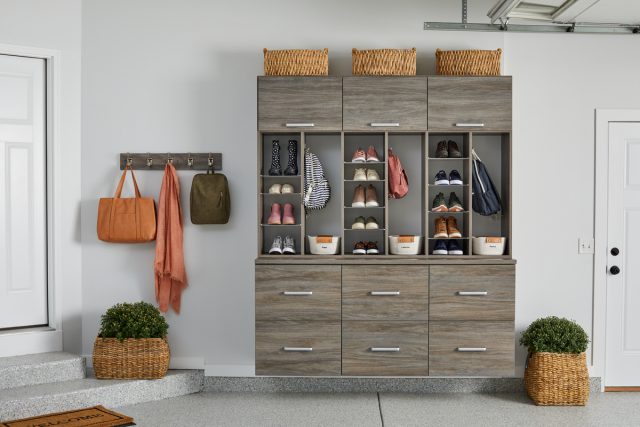 Garage entryway with shoe storage and large drawers