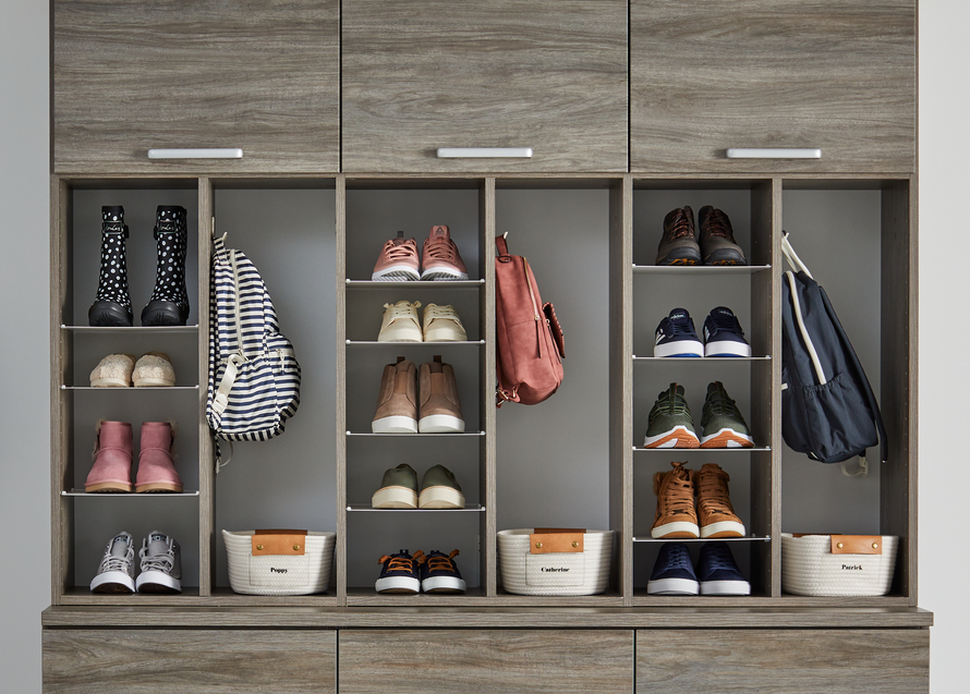 Custom shoe storage for an entryway garage system from Inspired Closets