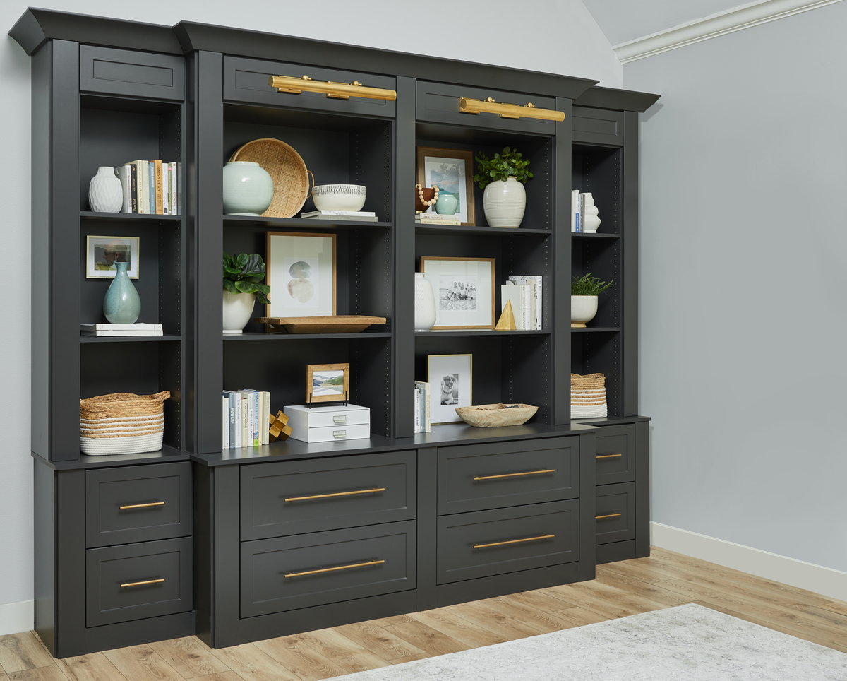 Charcoal home off with brass accents from Inspired Closets