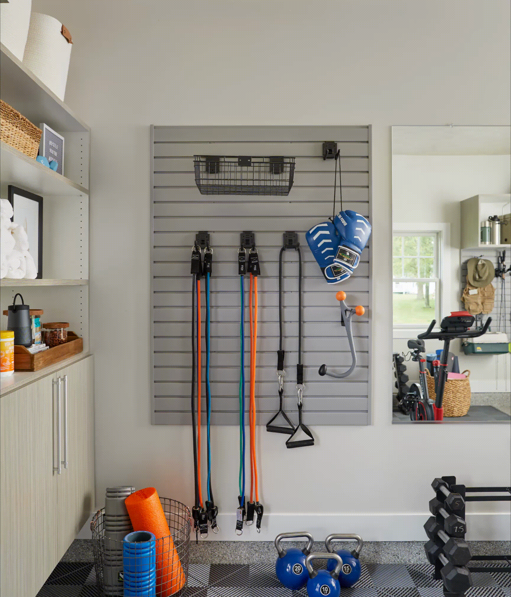 Slatwall storage for sports equipment for a garage
