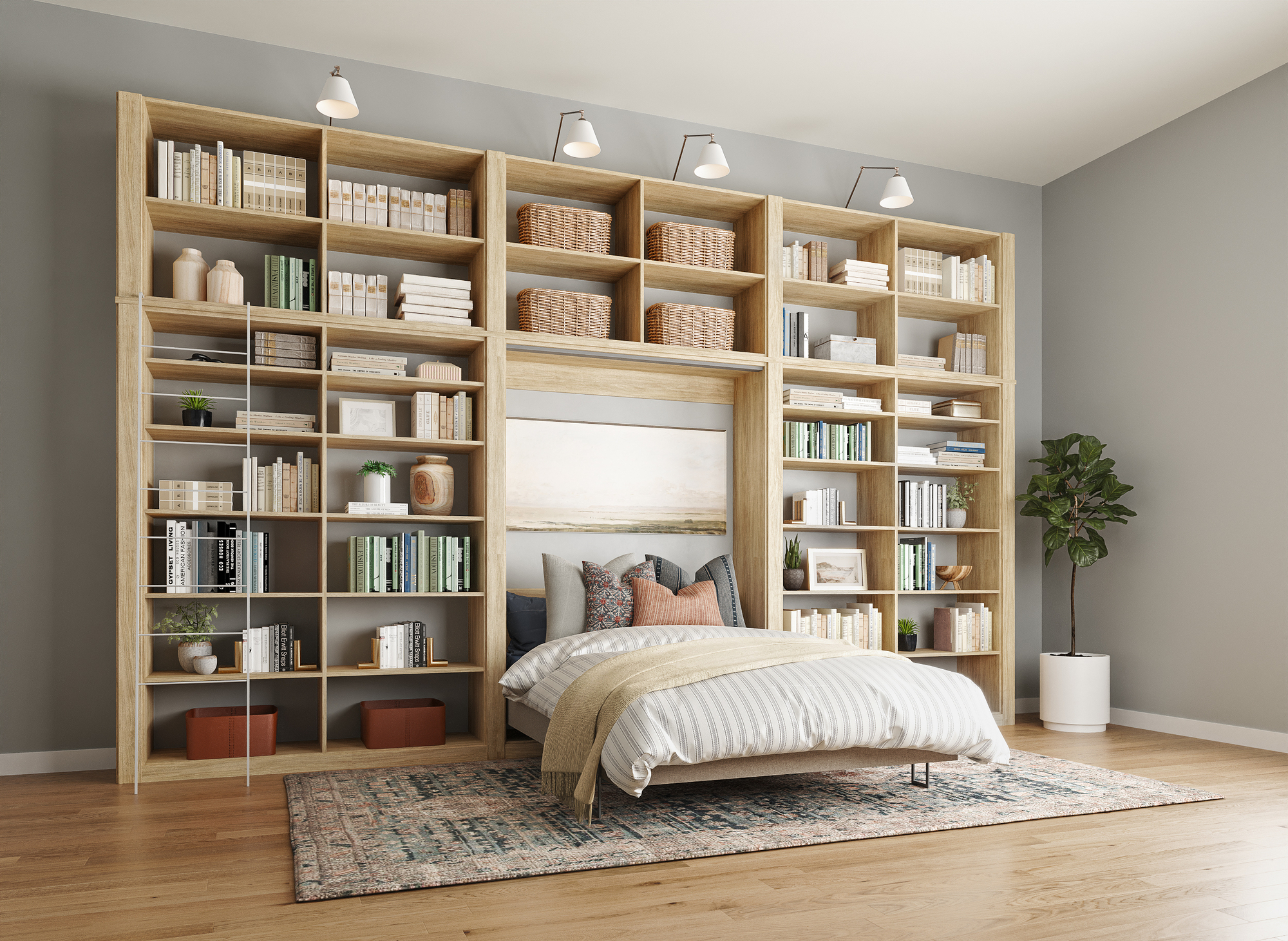 Open custom Murphy Bed with multiple book shelves