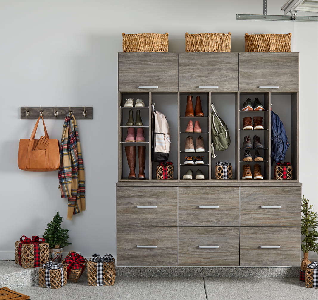 Garage entryway organization for the holidays from Inspired Closets