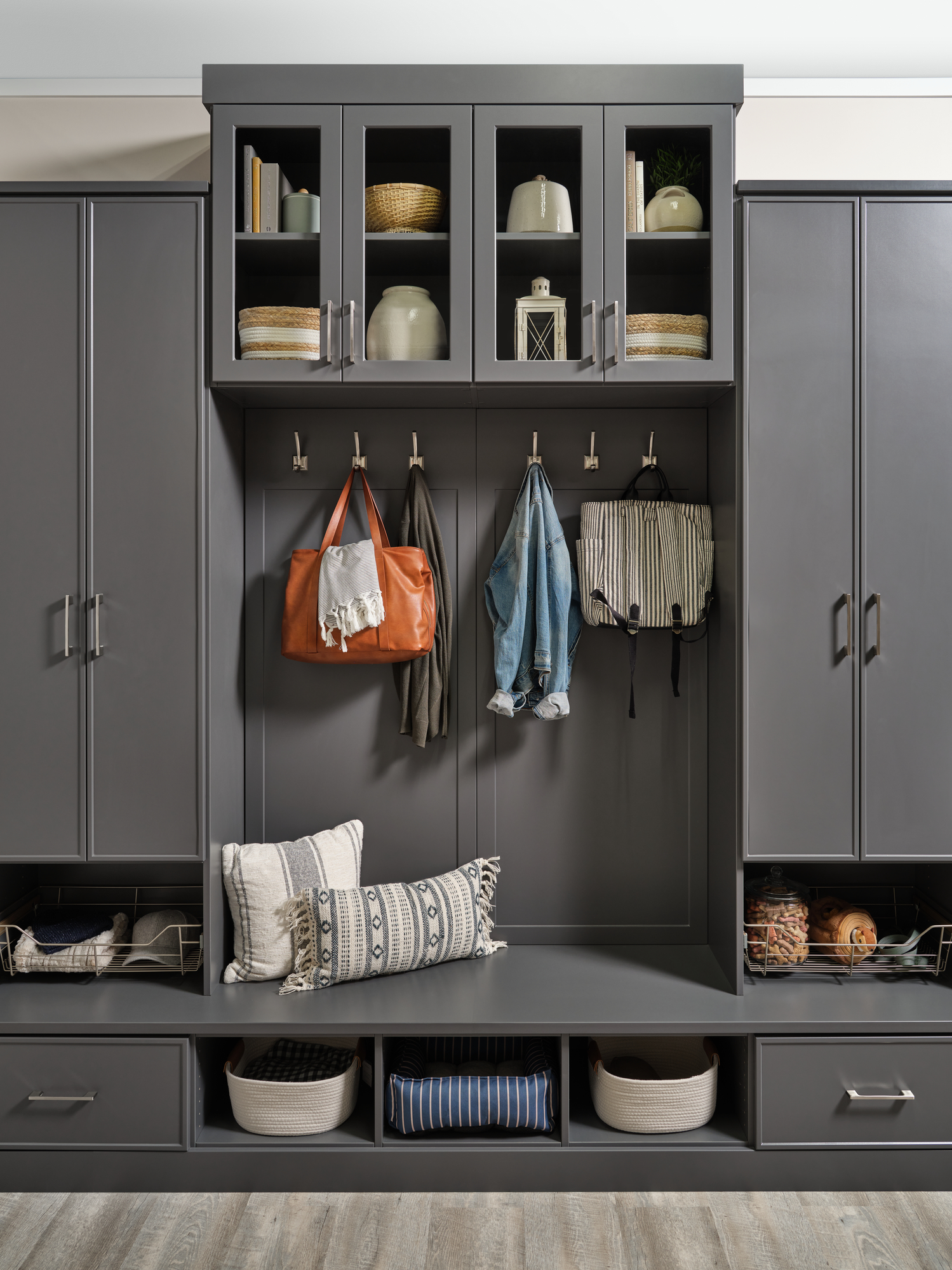 Modern mudroom station in Blue Stone from Inspired Closets
