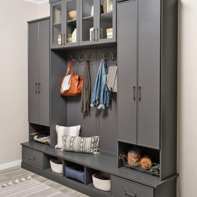 Entryway in Blue Stone with shaker shelves from Inspired Closets