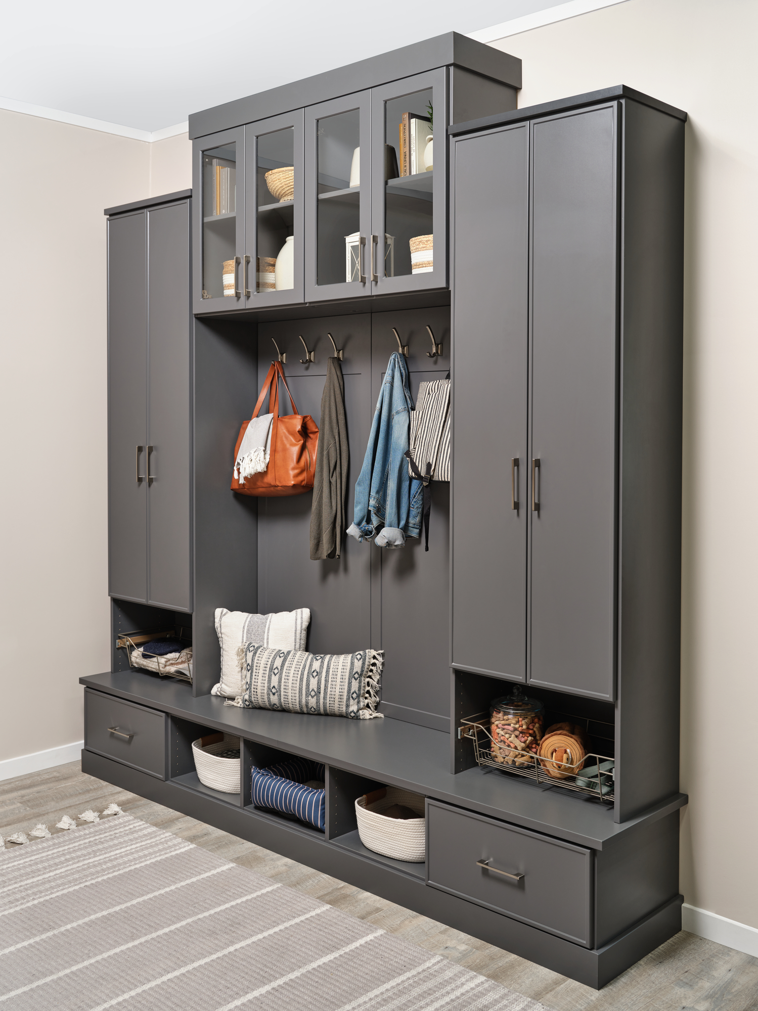 Entryway in Blue Stone with shaker shelves from Inspired Closets