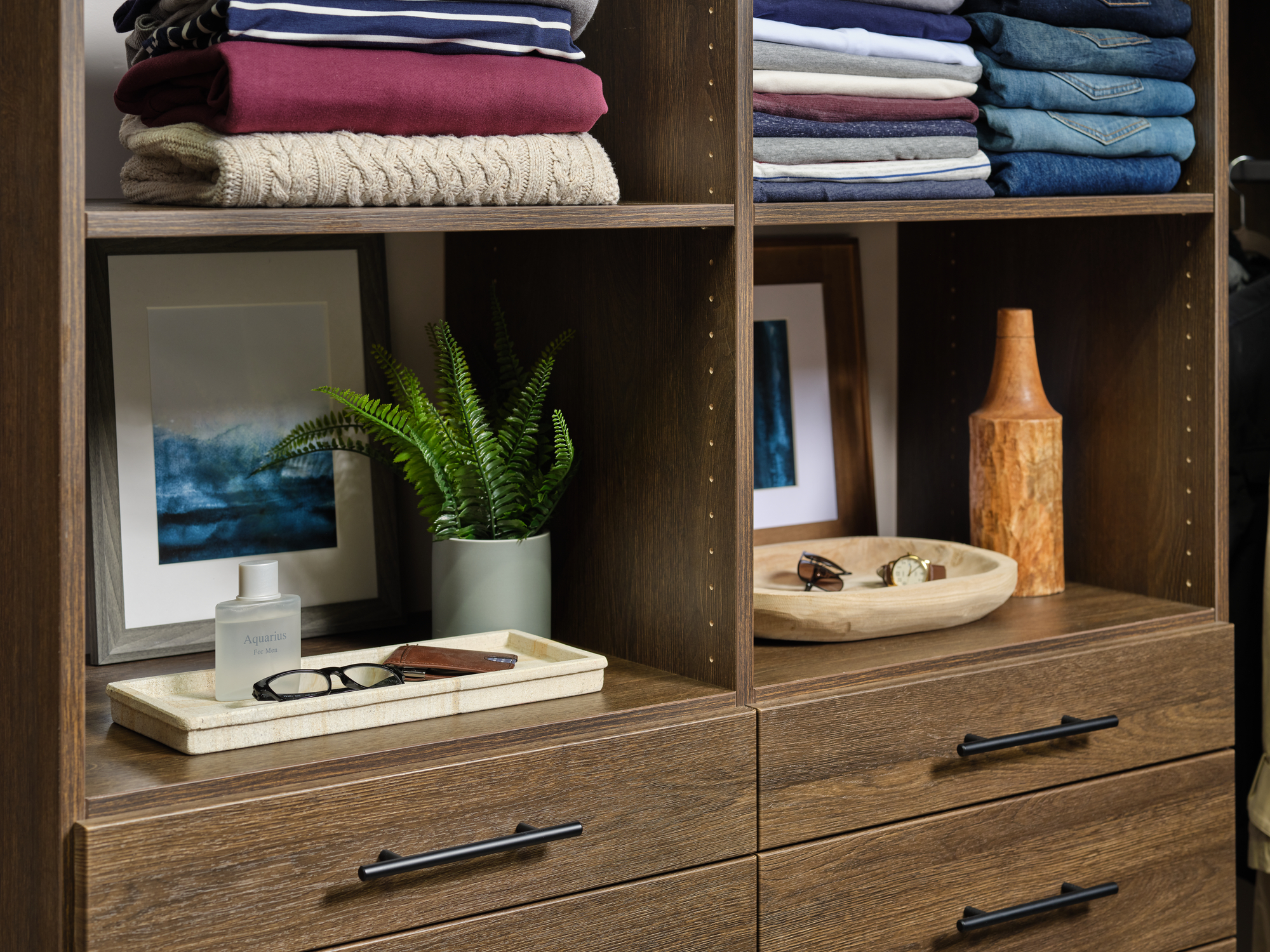 Personal item storage for a men's walk-in from Inspired Closets