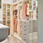 Shoe storage, shaker drawers and hanging storage for a women's closet