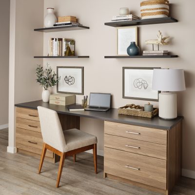 Home office in Charcoal and New Natural with floating shelves from Inspired Closets