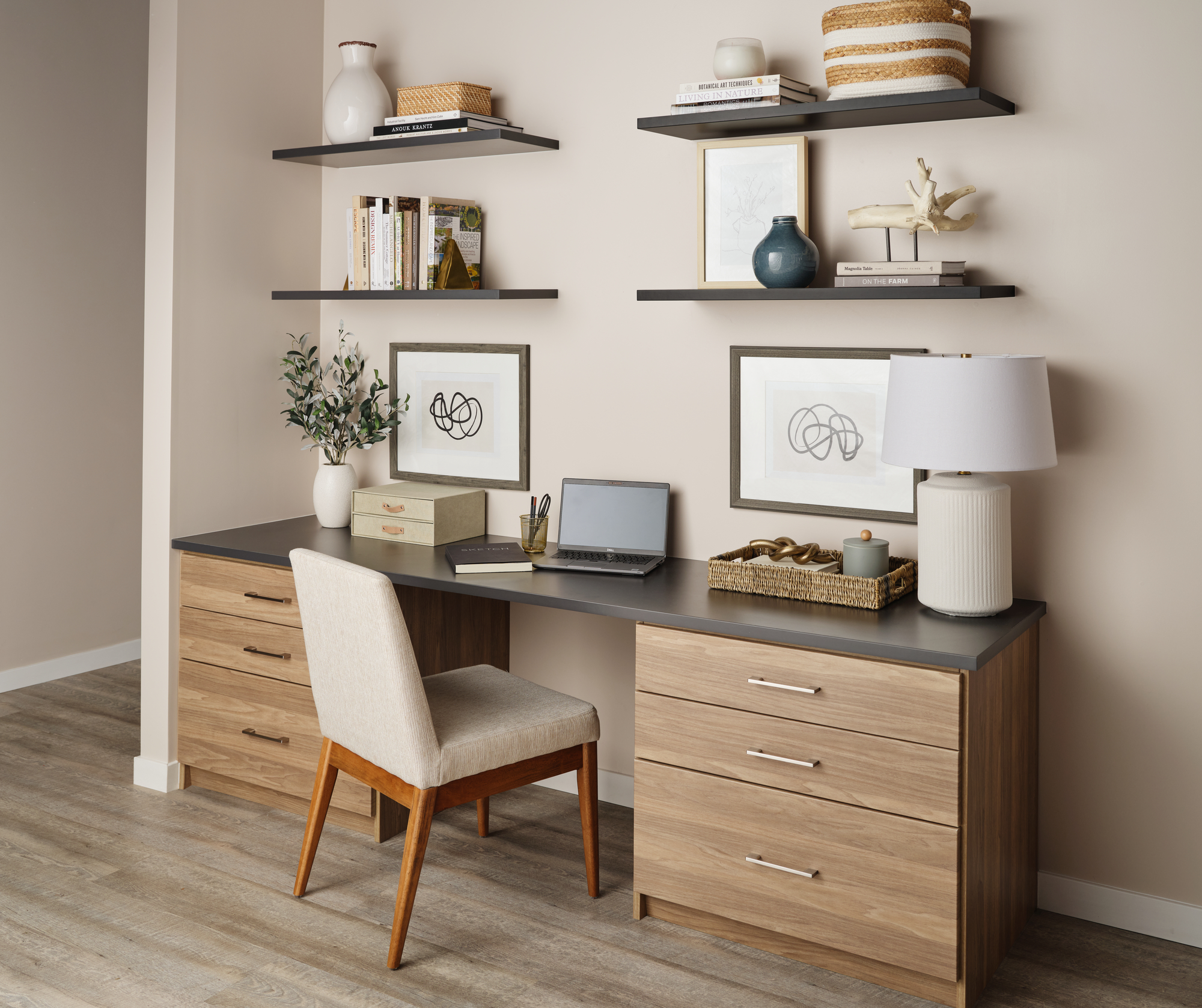Home office in Charcoal and New Natural with floating shelves from Inspired Closets