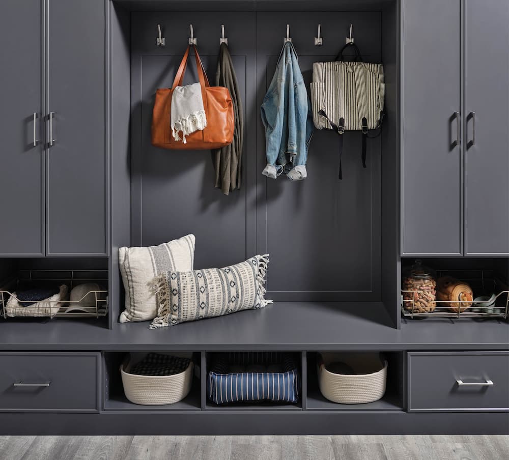 Hook storage and bench seating for mudroom or entrwyay