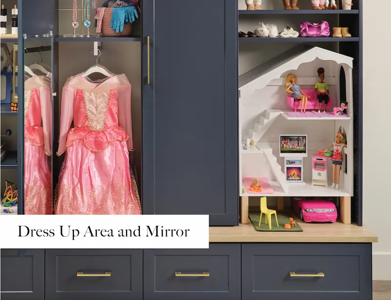 Navy toy storage center for dress up and Barbie storage, Inspired Closets