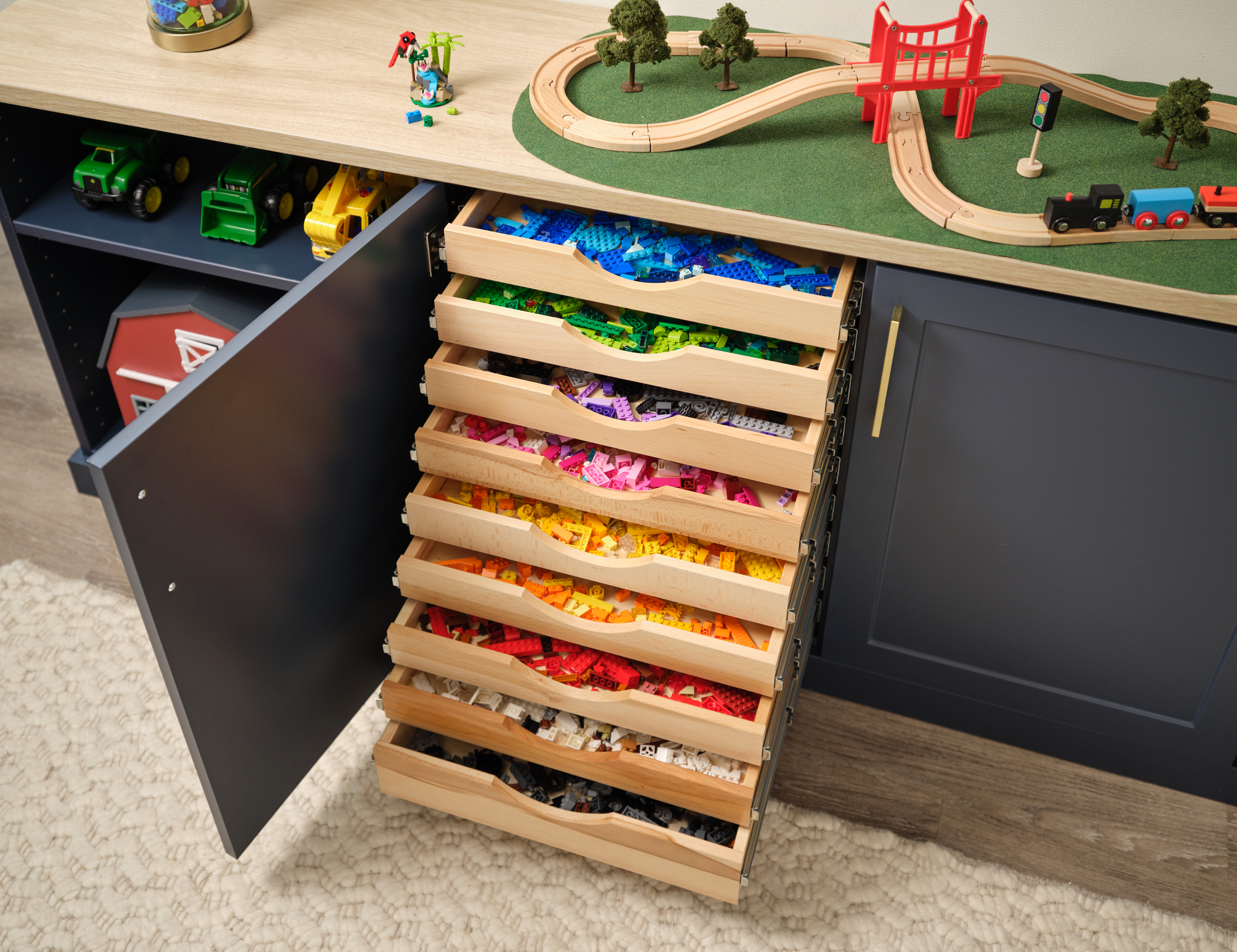 Kids Lego storage ideas for Inspired Closets scoop front beech drawers