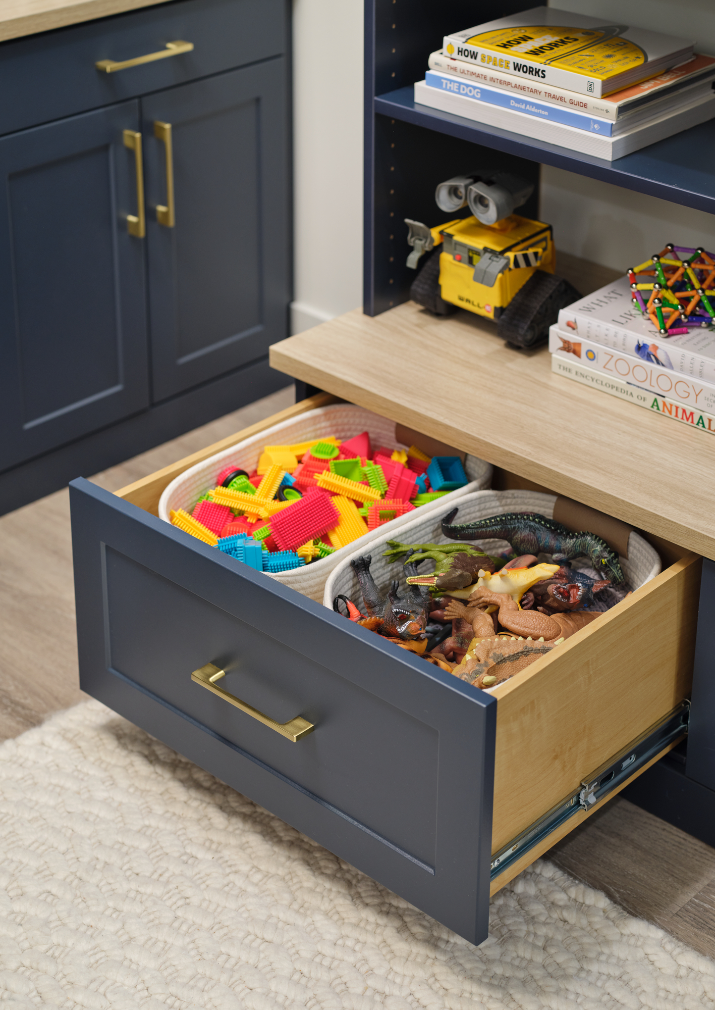 Pull out drawer storage for dino toys and Legos from Inspired Closets