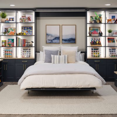 Custom wall bed storage in a kids play room