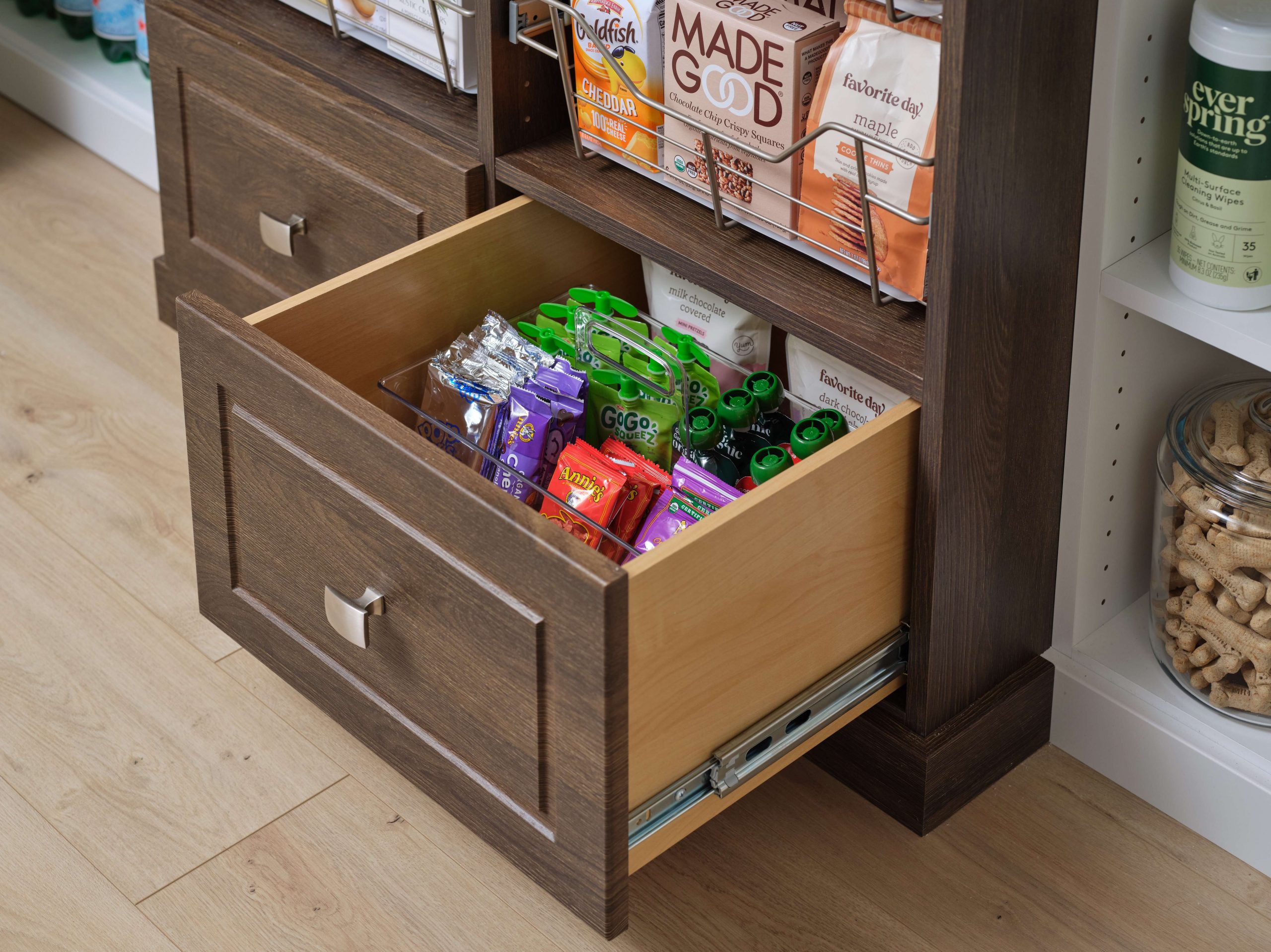 Pull out drawer for storage in reach-in panry