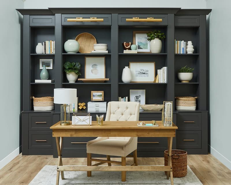 Charcoal home office with library shelving
