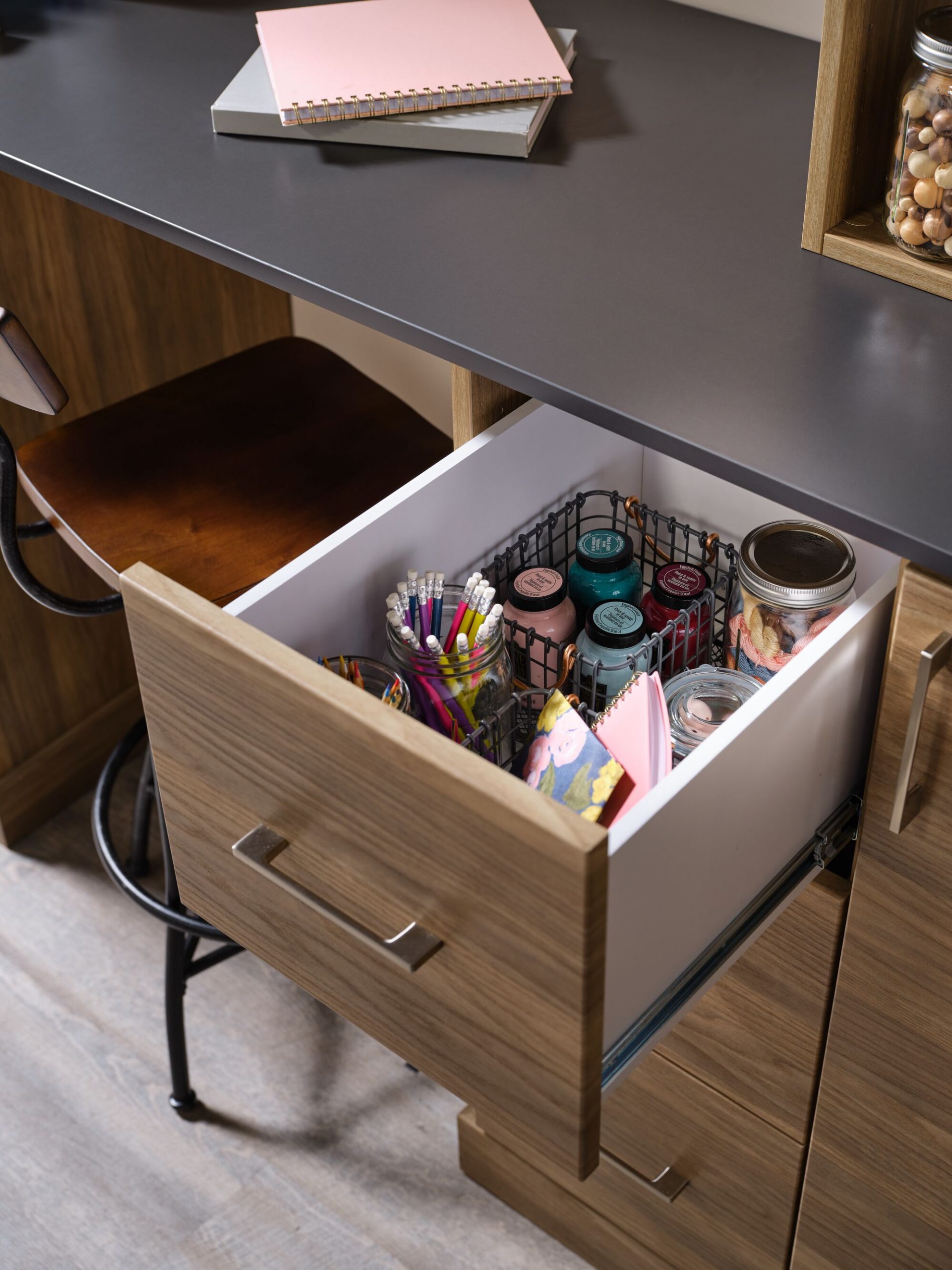 Home office drawer with craft supplies