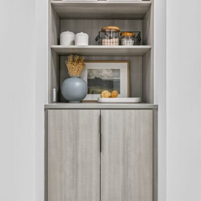 Hallway storage in River Rock finish