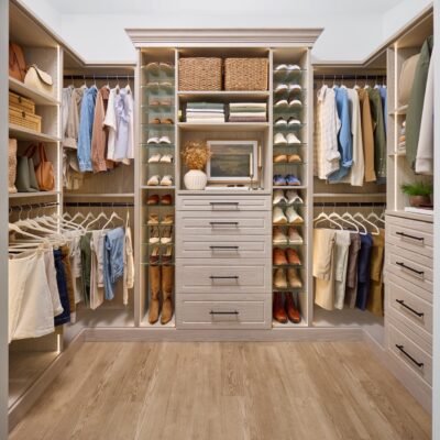 Shared walk-in closet for a man and woman in a light wood-tone finish with custom storage, Shoe Shrine, valet rod, and belt rack