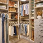 Shared walk-in closet in a light wood-tone finish with customized shelves and drawer storage, hanging rods with dresses, shirts, and pants, and a Shoe Shrine with a woman's shoes and boots