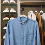 Detail of a closet valet rod with a hanging shirt and Shoe Shrine from Inspired Closets in a light wood tone finish