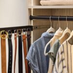 Detail of a pull-out belt rack and hanging rod holding an assortment of dresses
