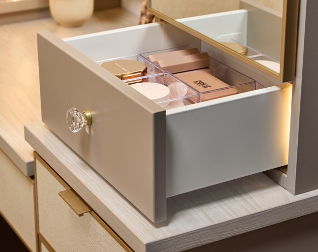 Close-up of a vanity with a soft-close drawer
